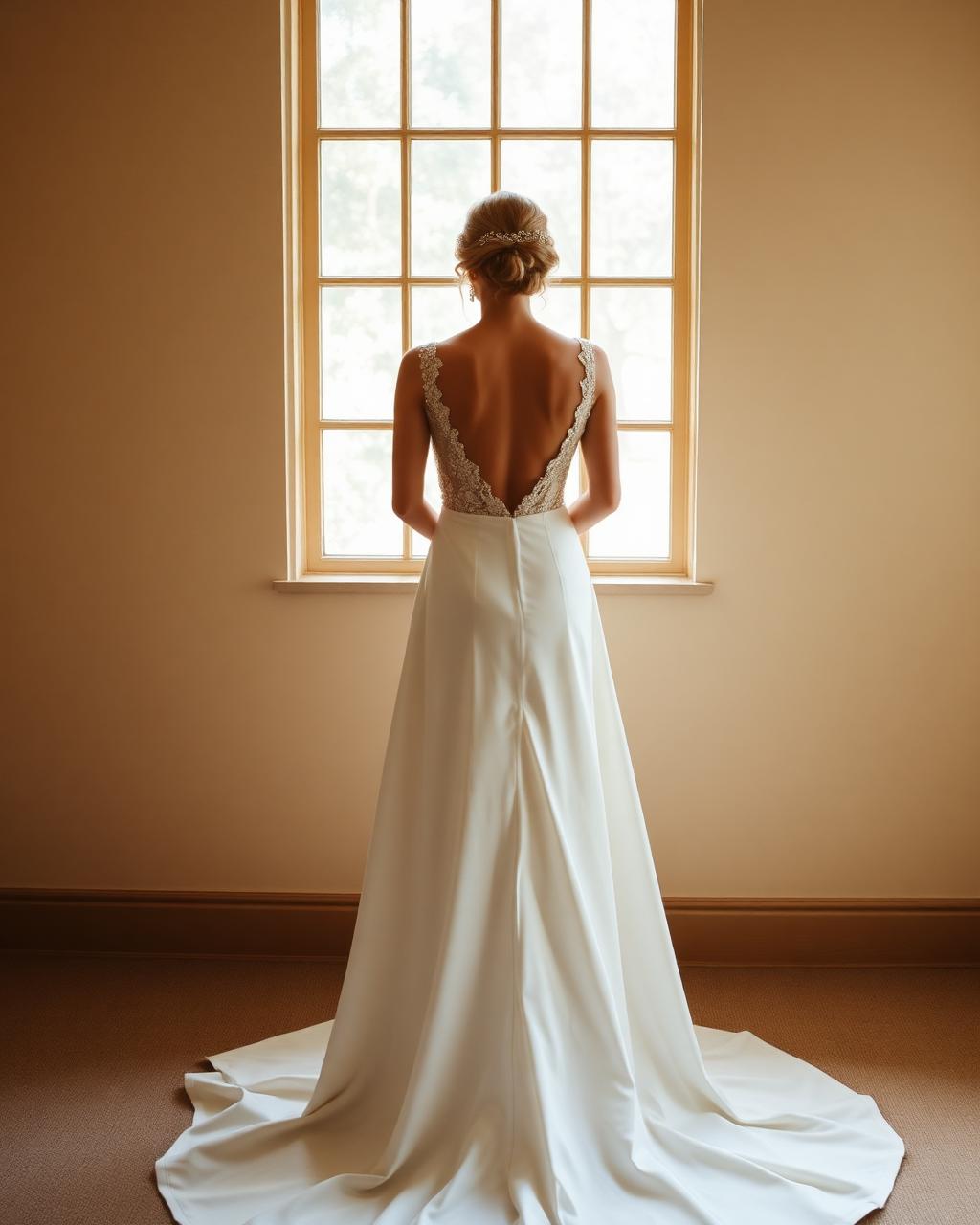 Bride in an A-line wedding gown with a lace low back, seen from behind