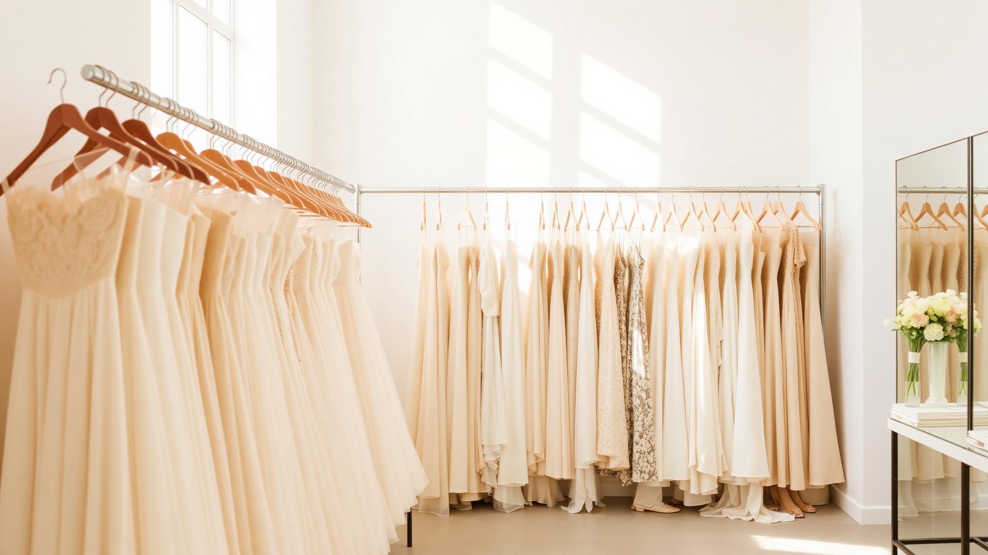 Racks of ivory and champagne wedding gowns in a bright bridal boutique